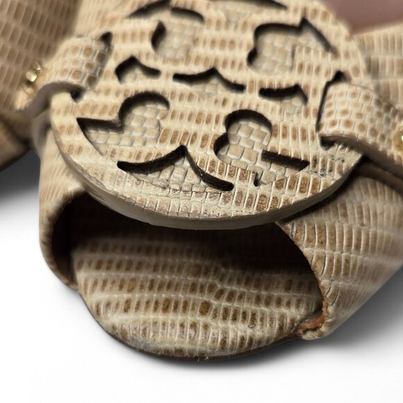 Tory Burch Amanda Wedge Heels Women's Lizard Skin Pattern Open Toe Coin Top 8.5 - Picture 10 of 11